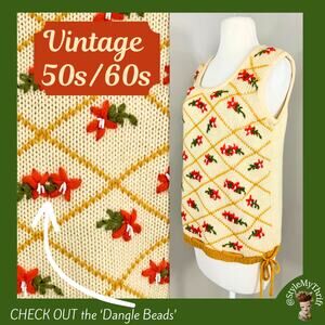 Vintage 50s 60s Sweater Vest Floral Beaded Fall Winter Midcentury Rockabilly
